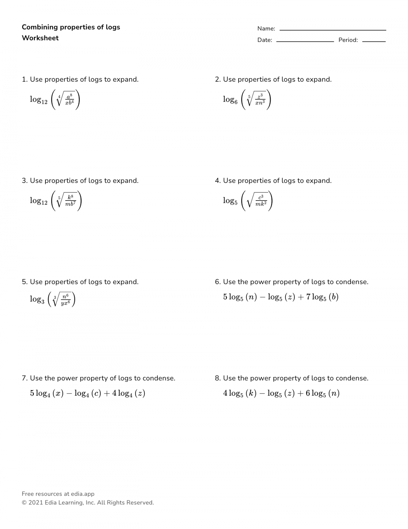 Combining Properties Of Logs - Worksheet