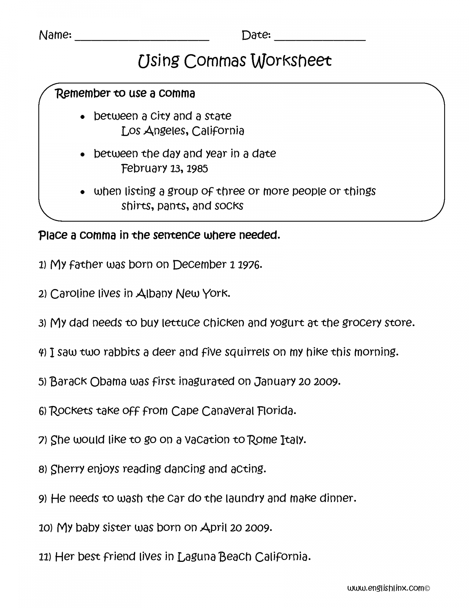 Commas Worksheets  Using Commas Worksheets