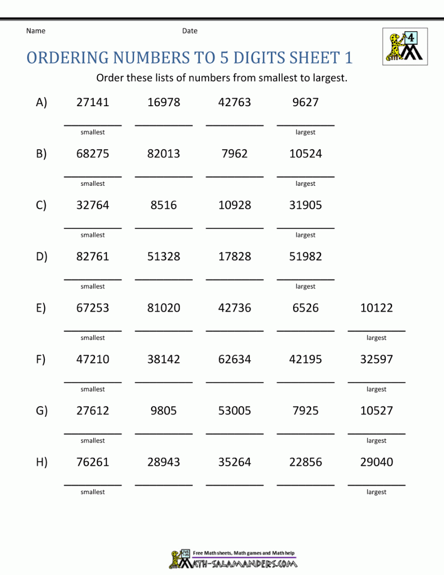 Comparing and Ordering Whole Numbers Worksheets