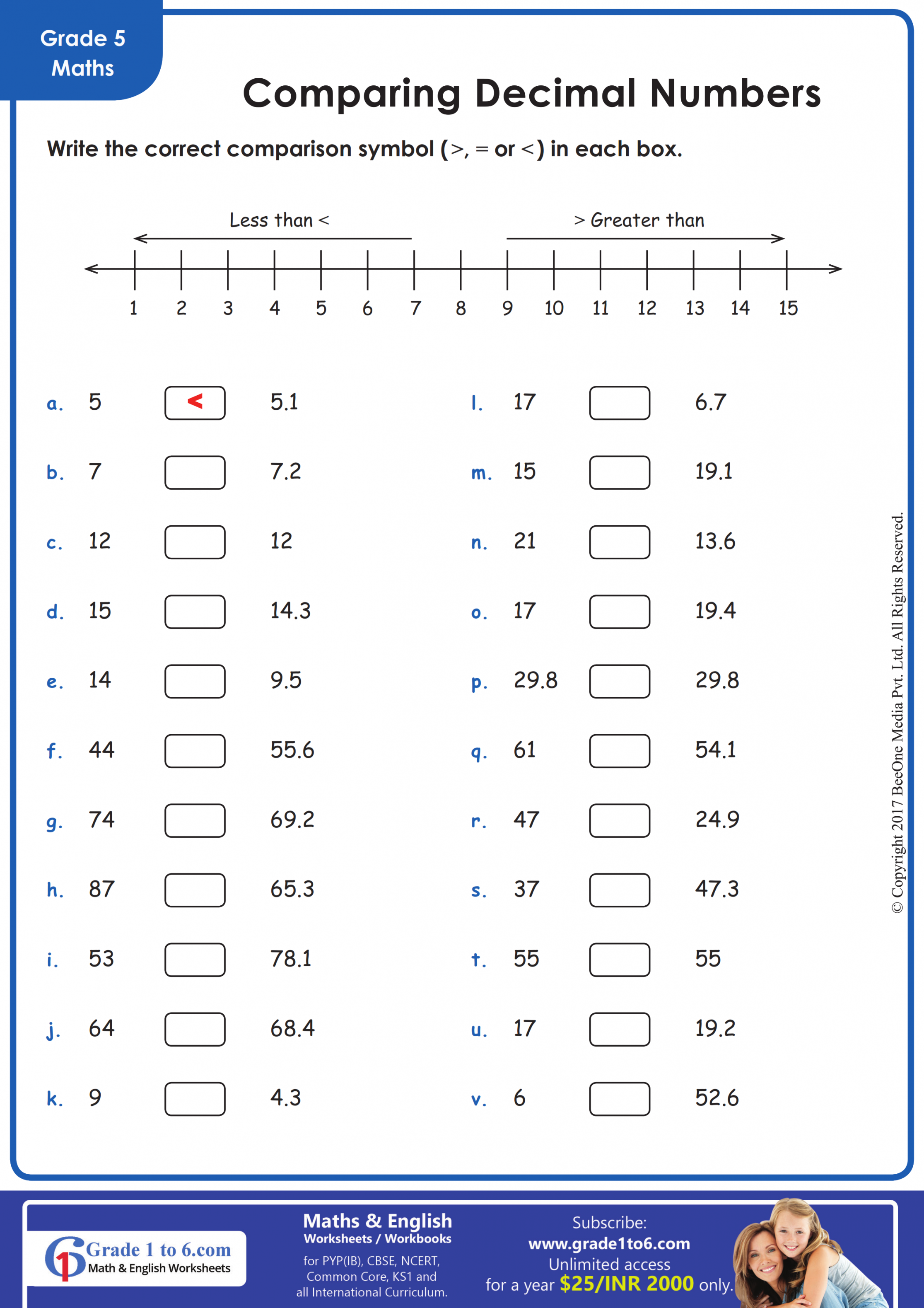 Comparing Decimals Worksheets  Gradeto