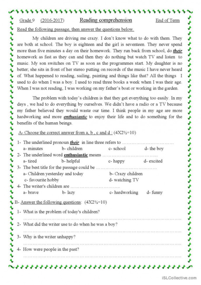 Comprehension Passage For Grade  ge: English ESL worksheets pdf