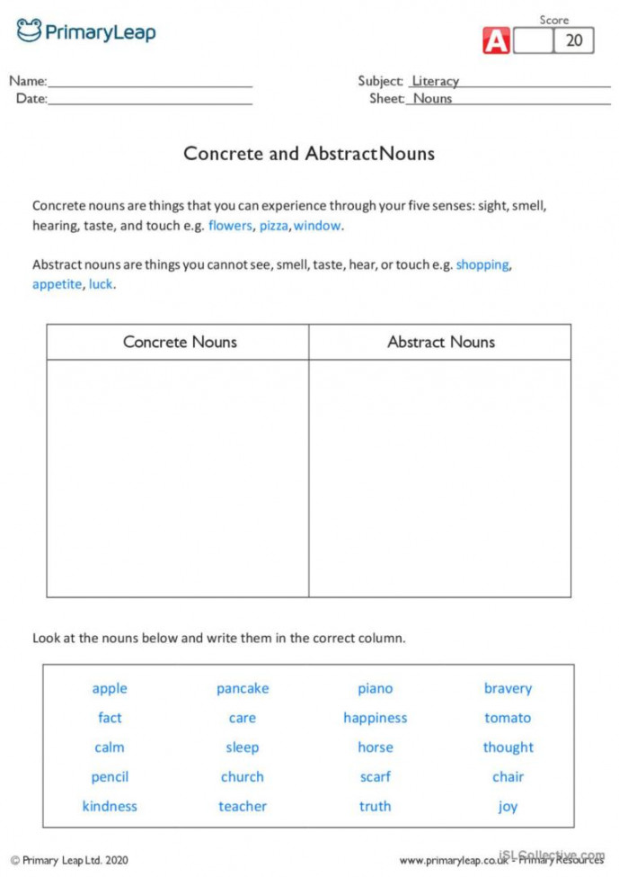 Concrete and Abstract Nouns creative: English ESL worksheets pdf