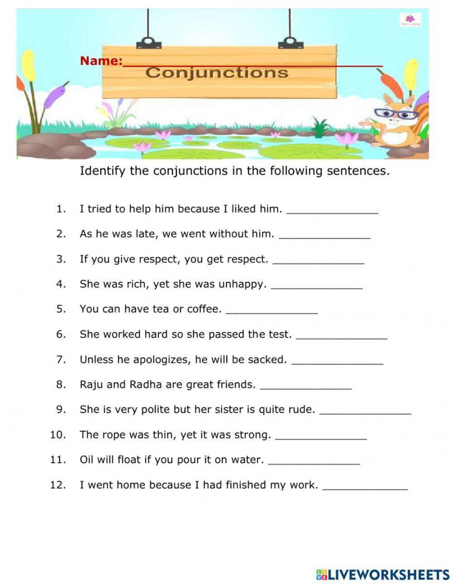 Conjunctions worksheet for   Live Worksheets