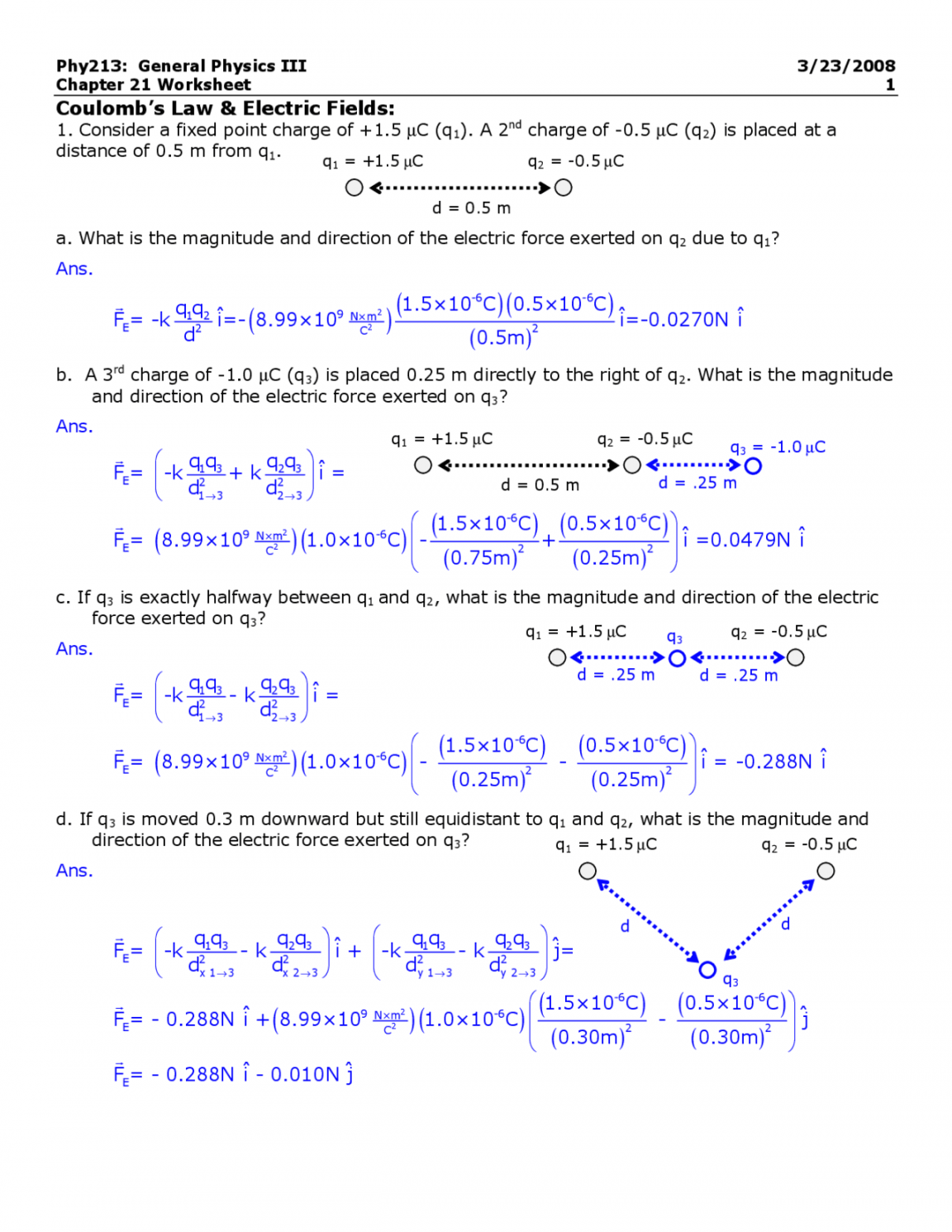 coulomb s law and electric fields worksheet problems with answer