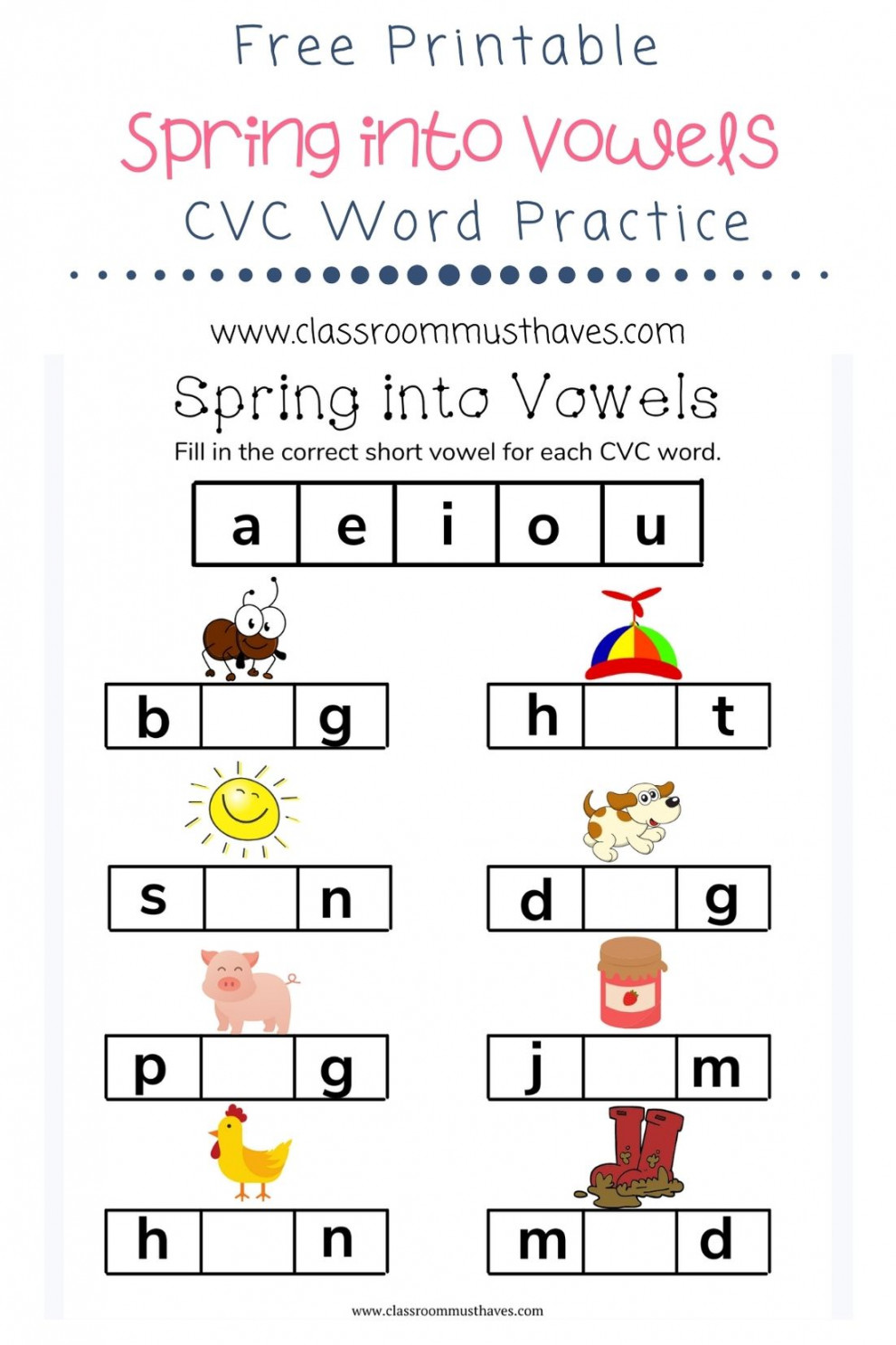 cvc spring vowel worksheet classroom must haves