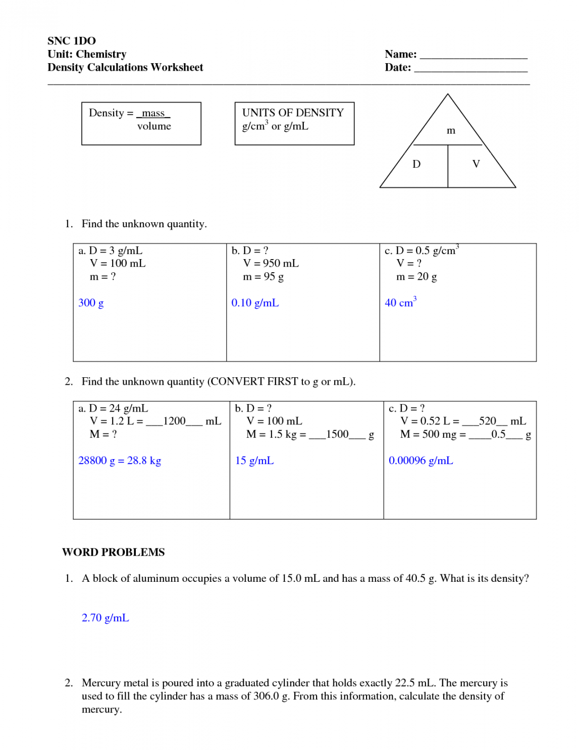 Density Worksheet with Answers  Density worksheet, Science