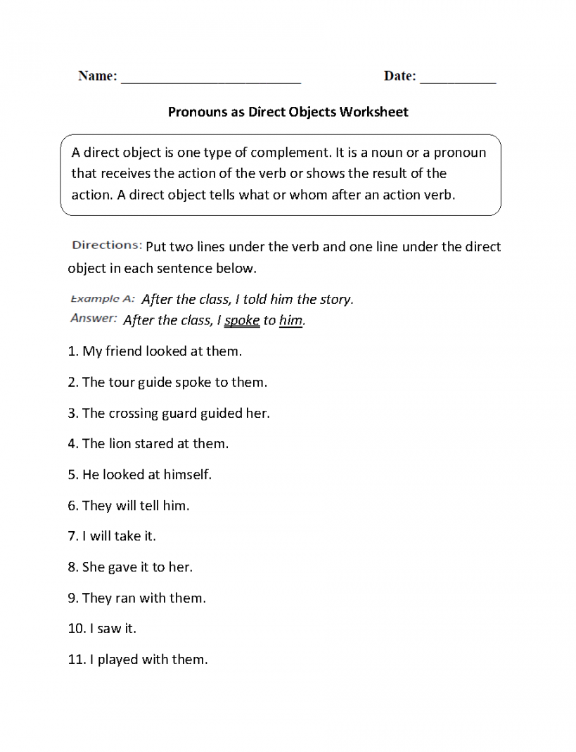 Direct and Indirect Object Worksheets  Pronouns as Direct Objects