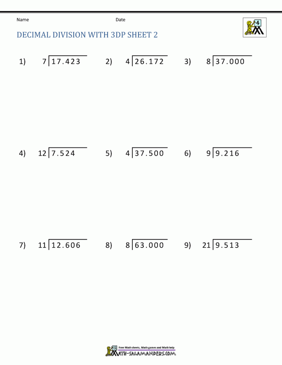 Division of Decimal Numbers Worksheets
