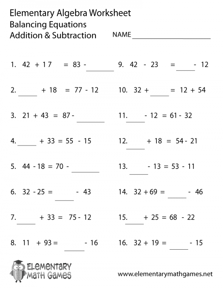 Elementary Algebra Balancing Equations Worksheet Printable  Math