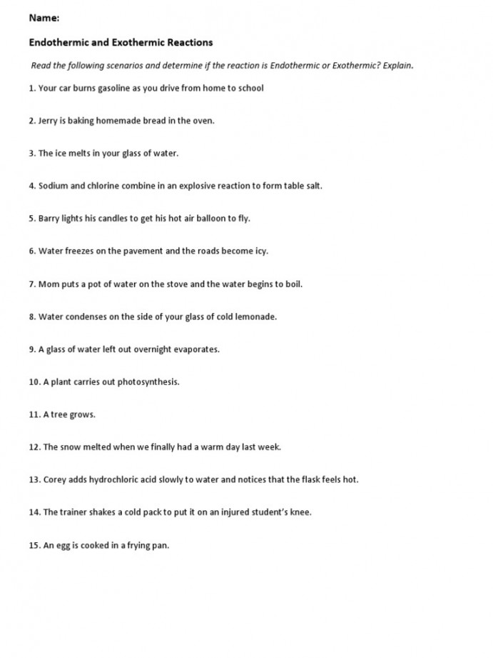 Endothermic and Exothermic Reactions Worksheet  PDF  Chemical
