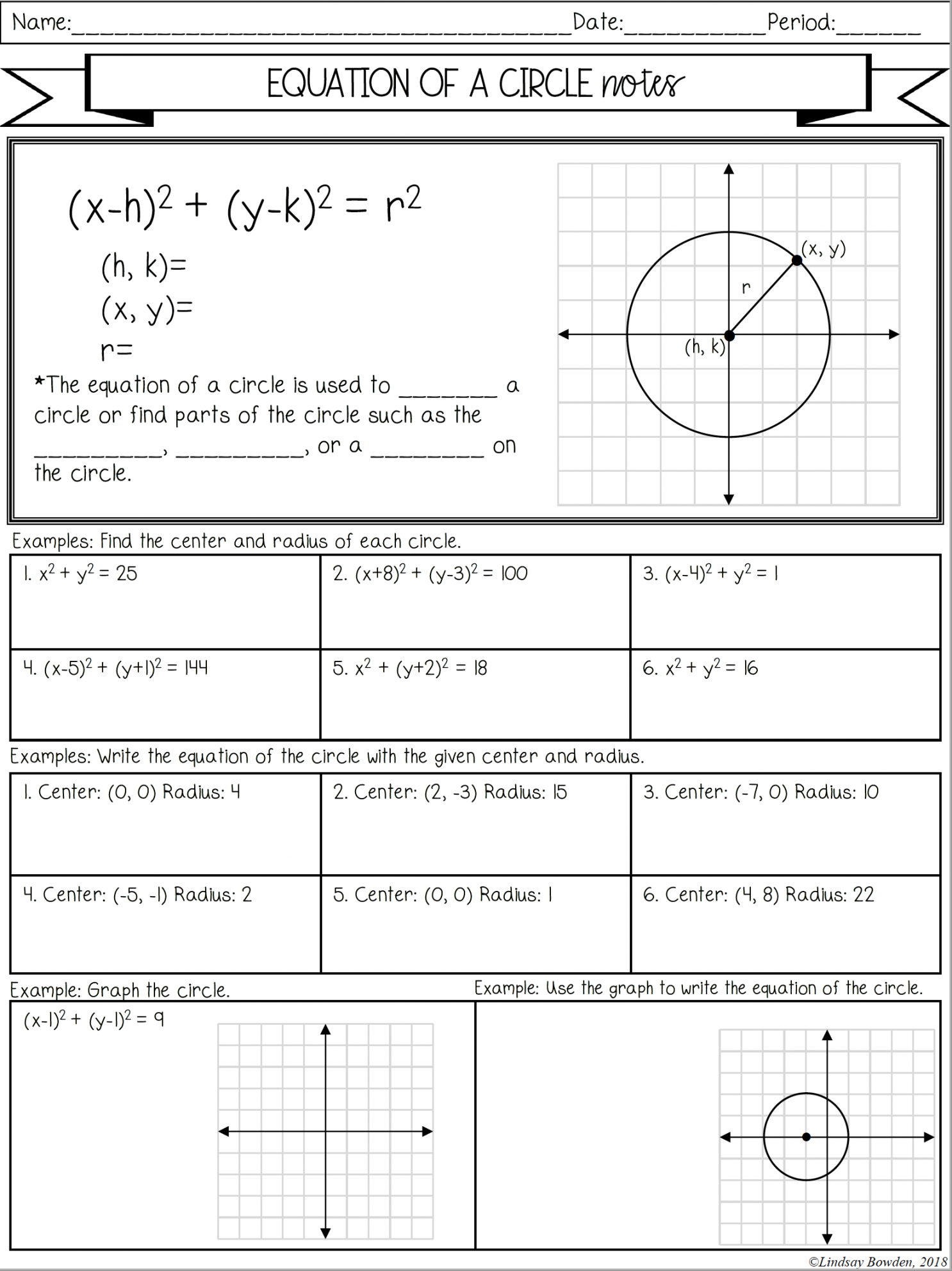 Equation of a Circle Notes and Worksheets - Lindsay Bowden