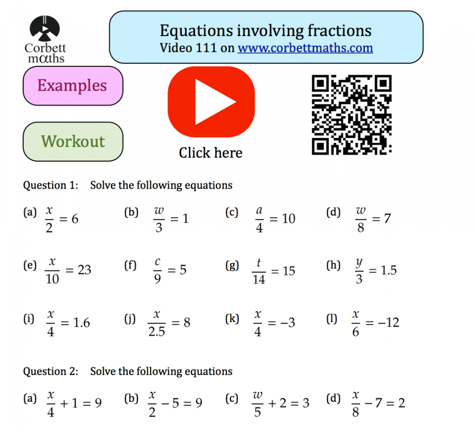 Equations involving Fractions Textbook Exercise – Corbettmaths