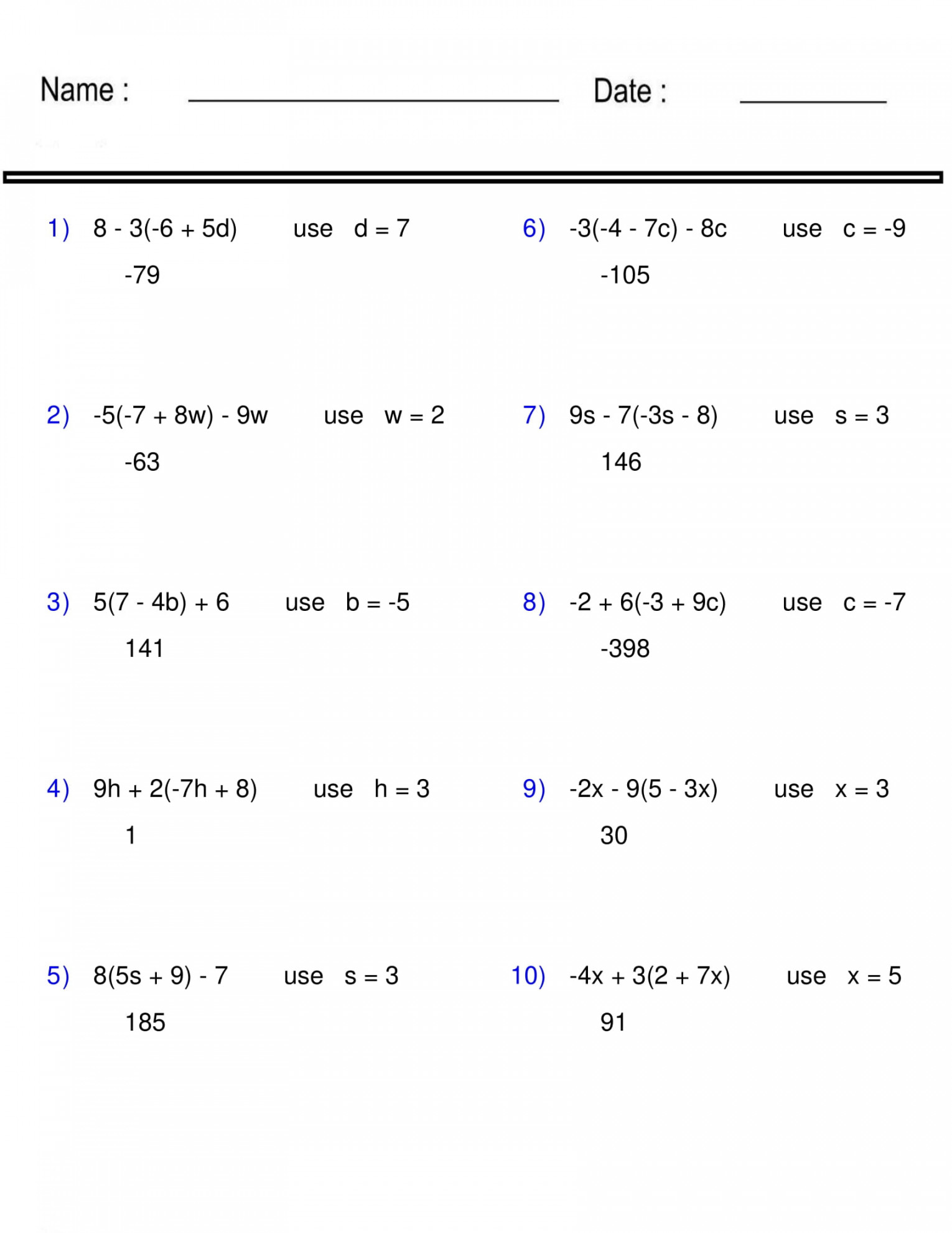 Evaluating Algebraic Expressions Worksheet - one variable - Pre-Algebra