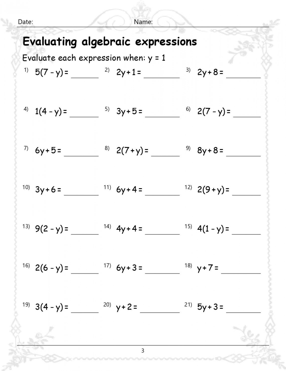 Evaluating Algebraic Expressions Worksheets th Grade - Etsy