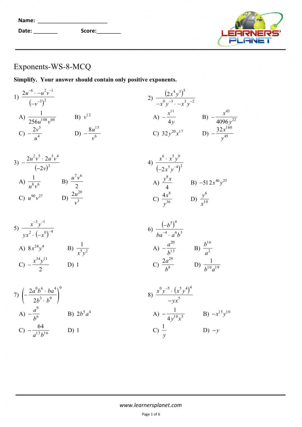 Exponents class  worksheets with answers