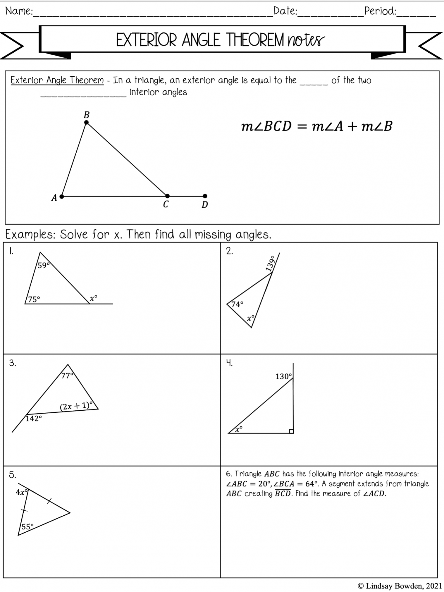 Exterior Angle Theorem Notes & Worksheets - Lindsay Bowden