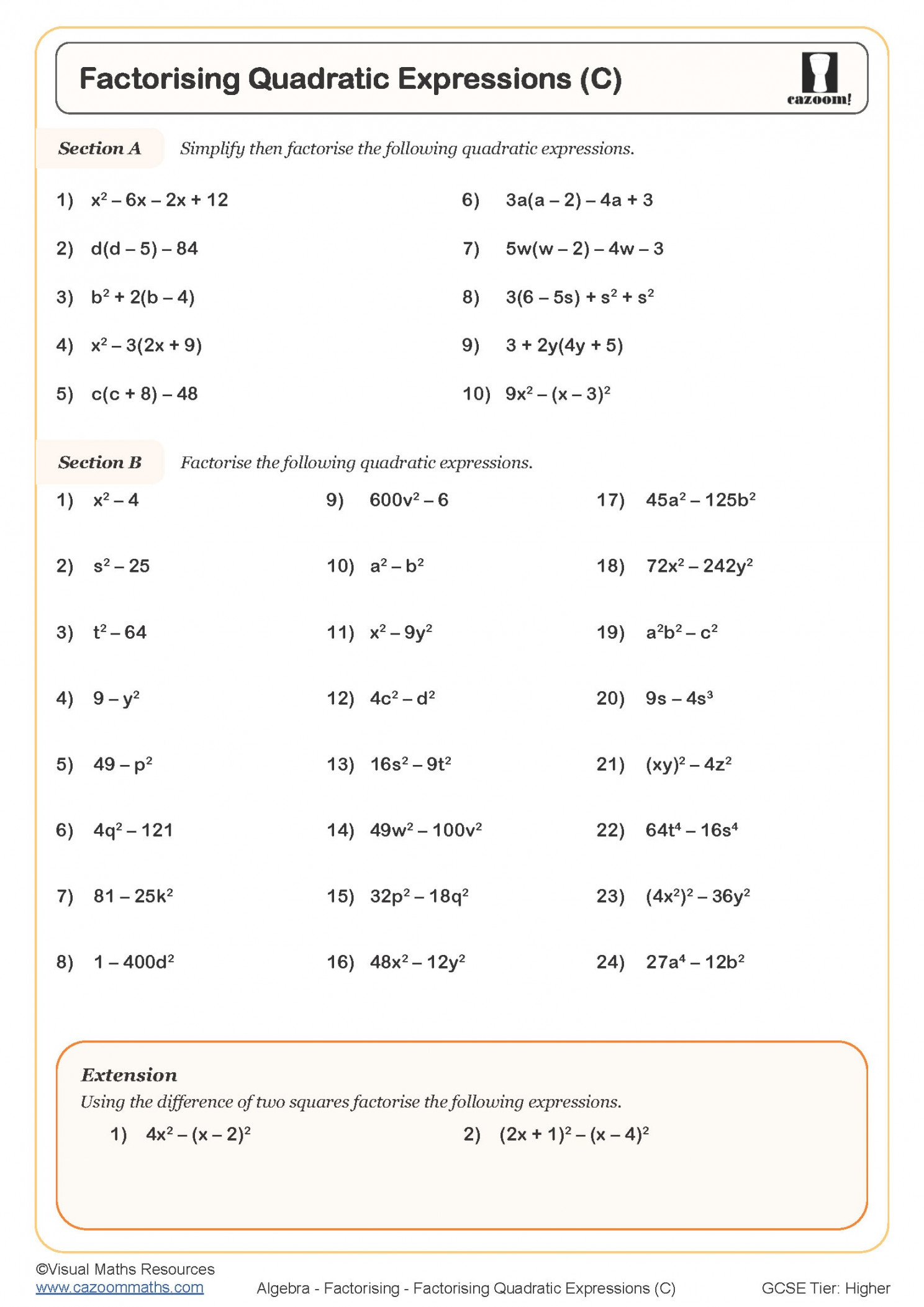 Factorising Quadratic Expressions (C) Worksheet  Printable PDF