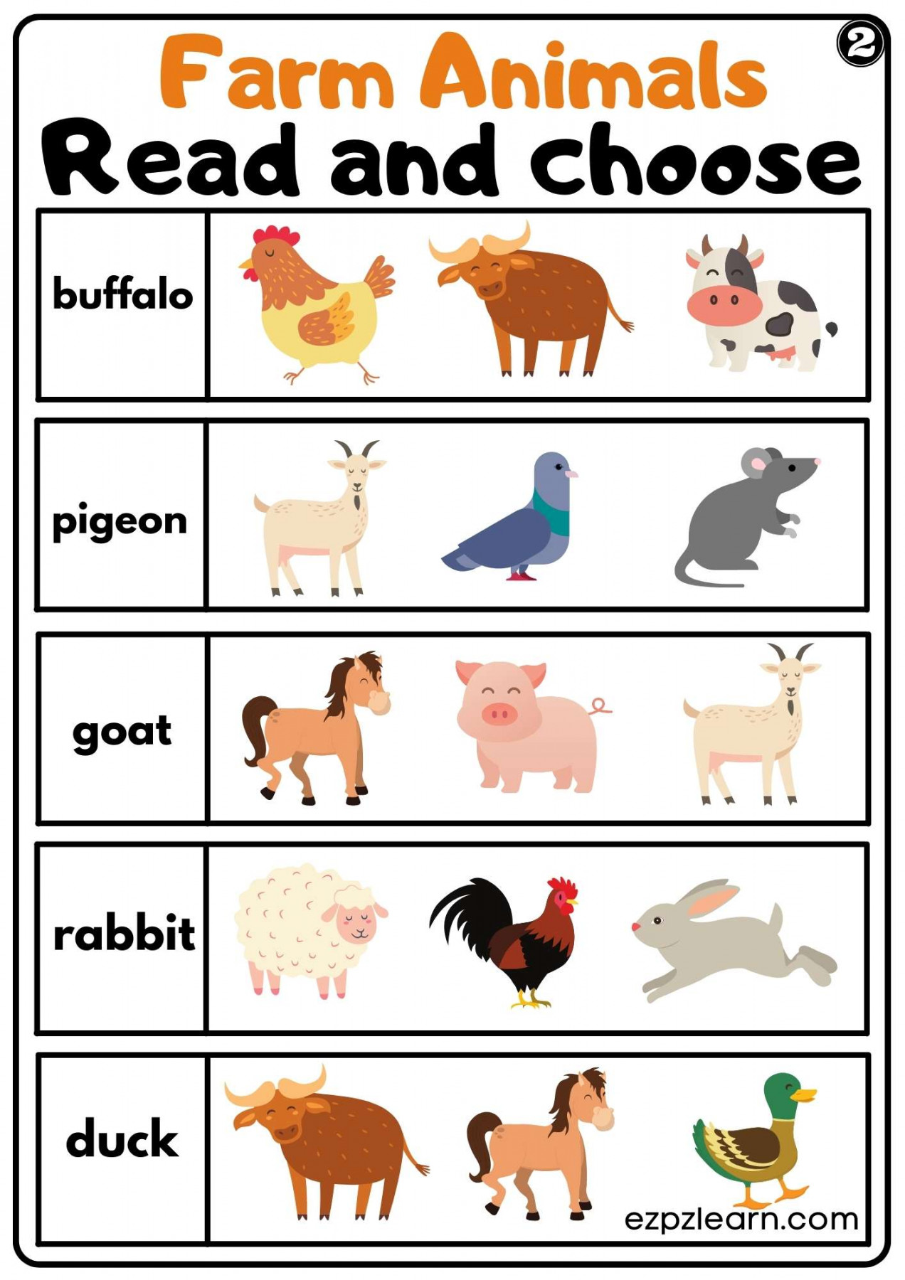Farm Animals Read and Choose Worksheet for Kindergarten or ESL