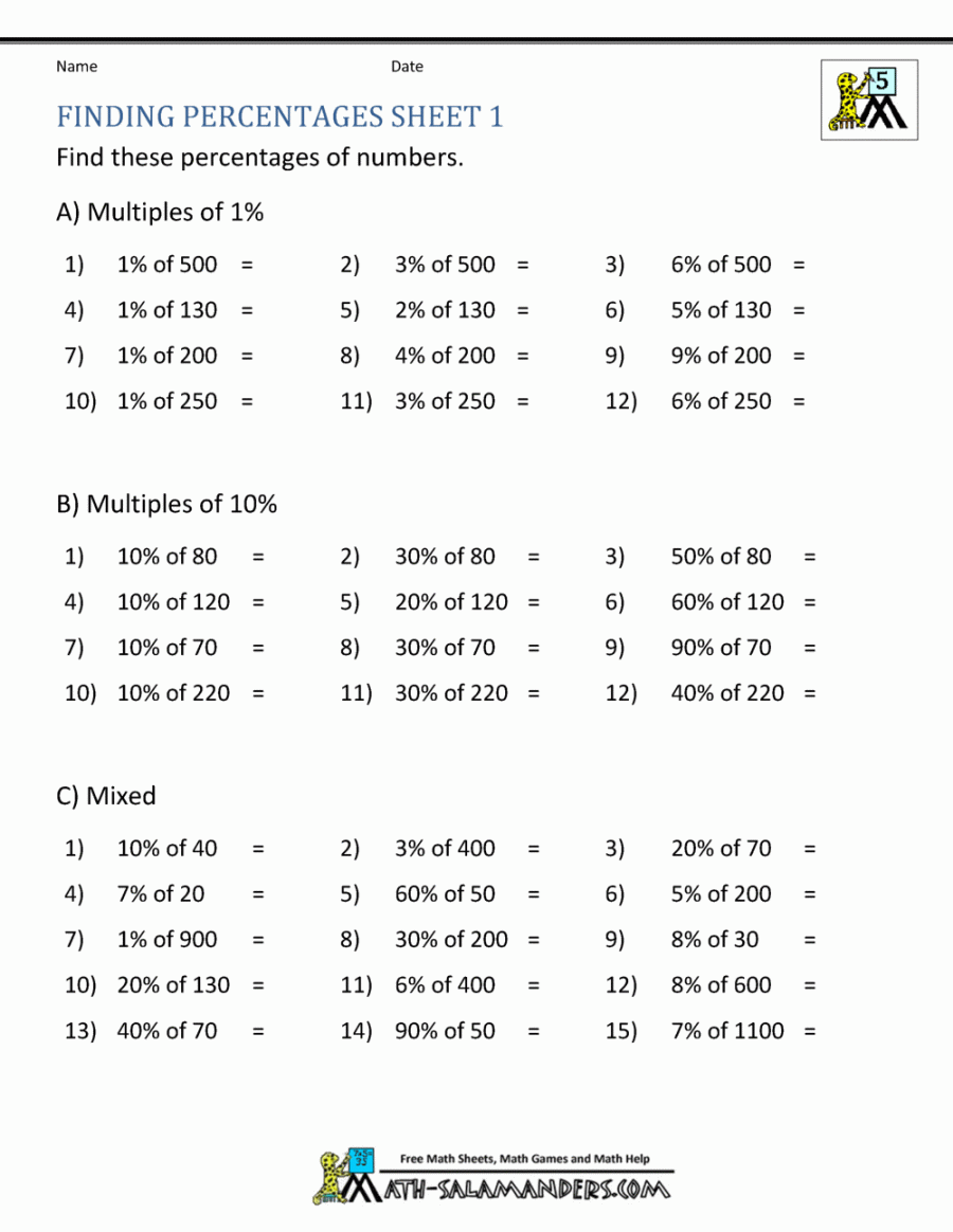 Finding Percentage Worksheets