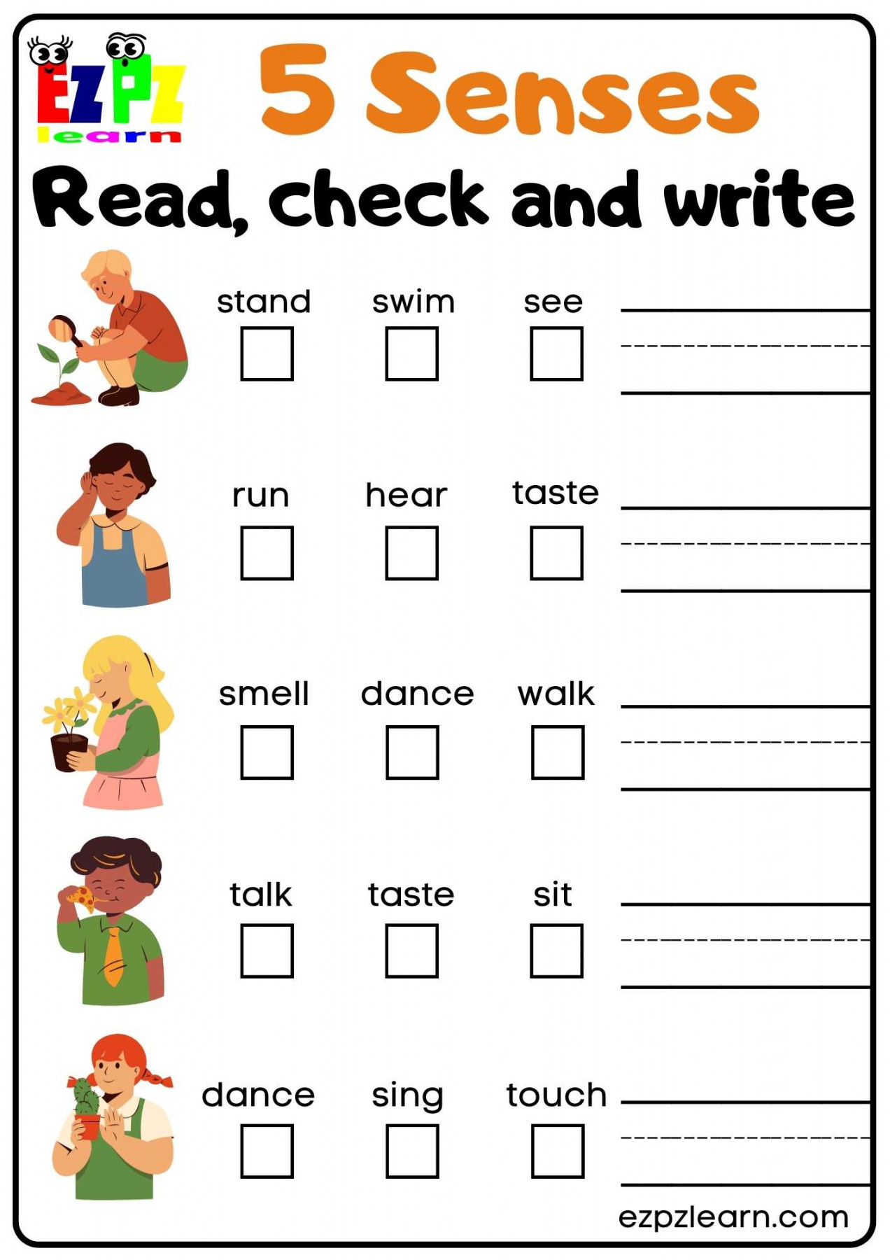 five senses read check and write worksheet for kindergarten and
