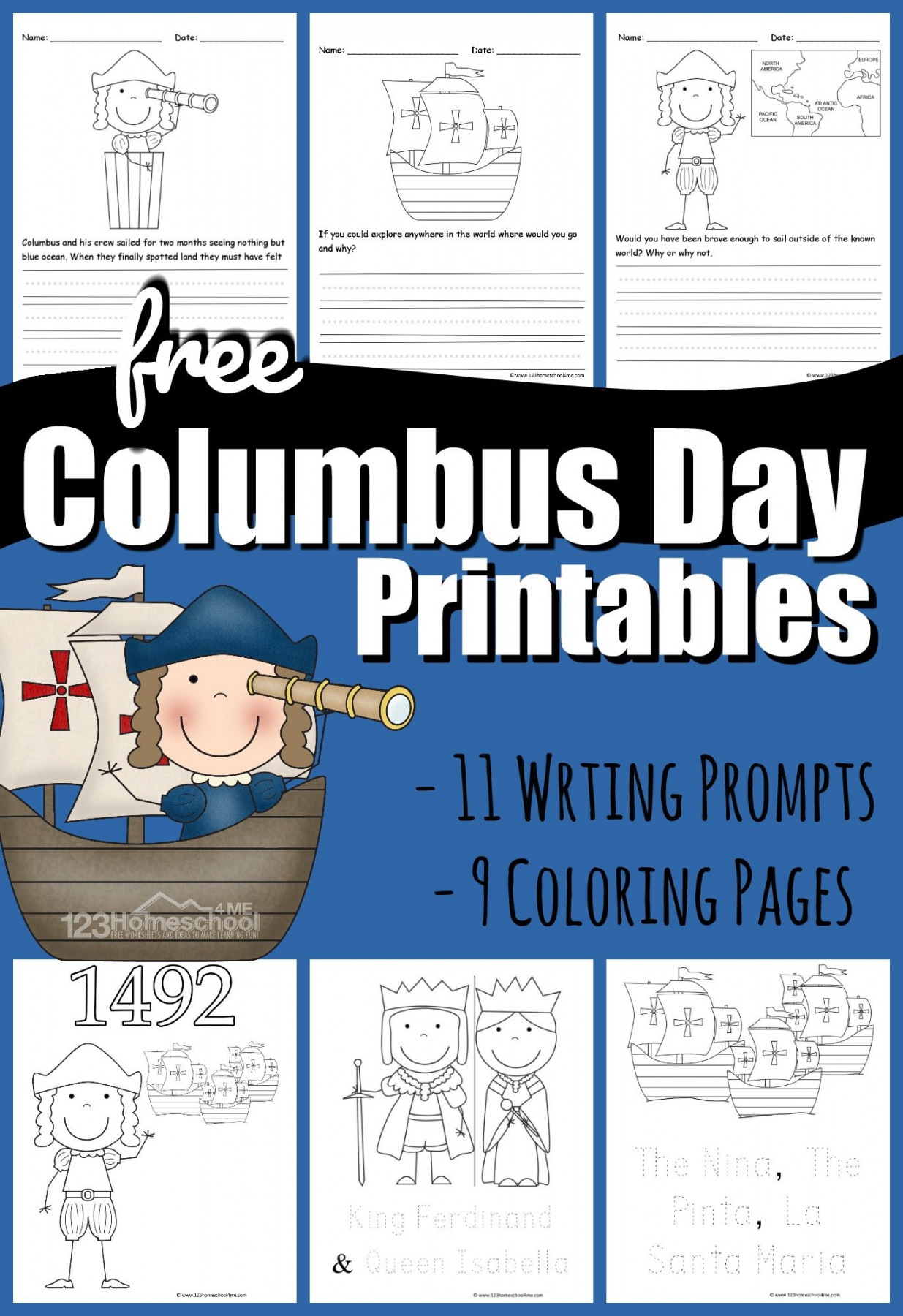 FREE Columbus Day Coloring Pages & Writing Prompt Worksheets