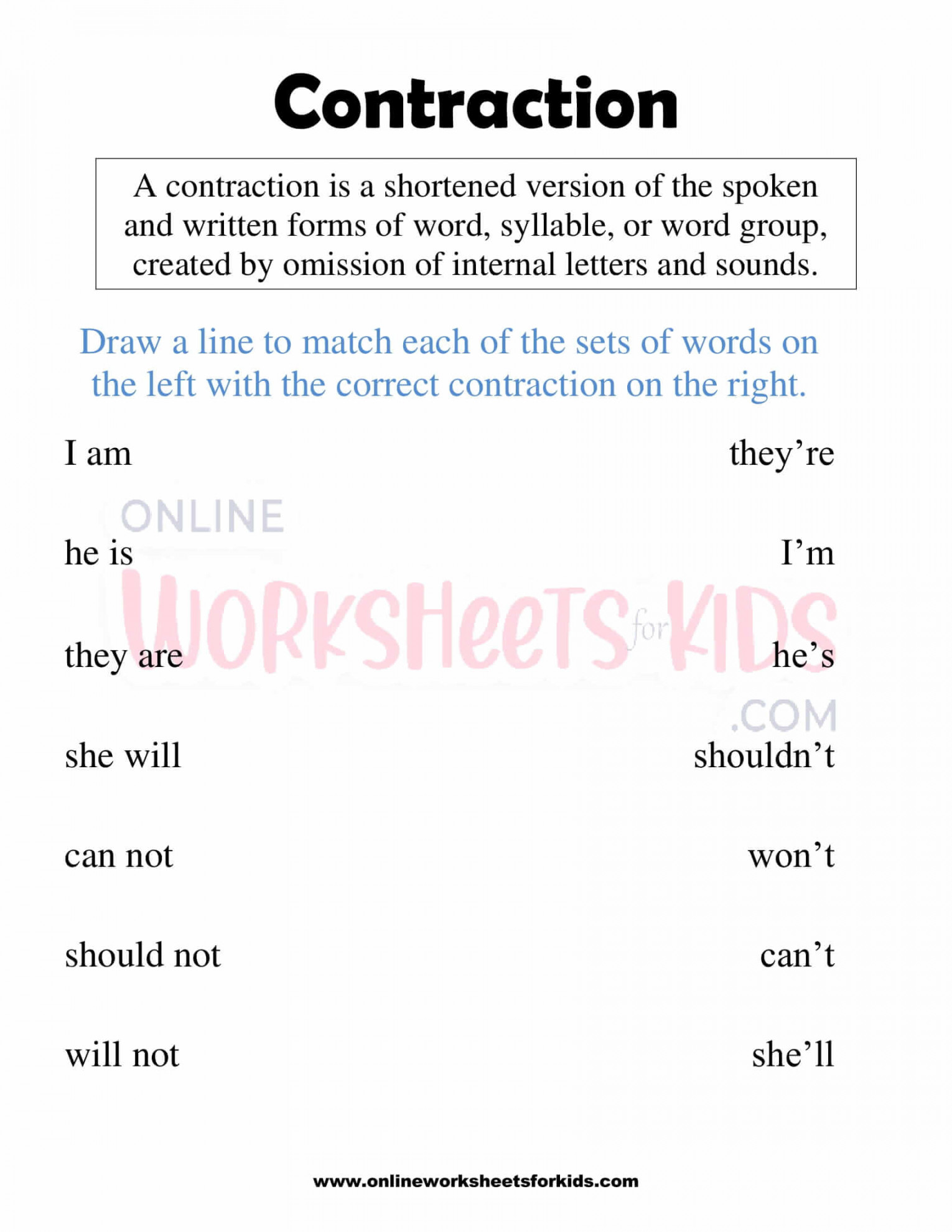 Free Contraction Worksheets st Grade Kids