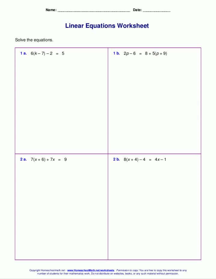 Free worksheets for linear equations (grades -, pre-algebra