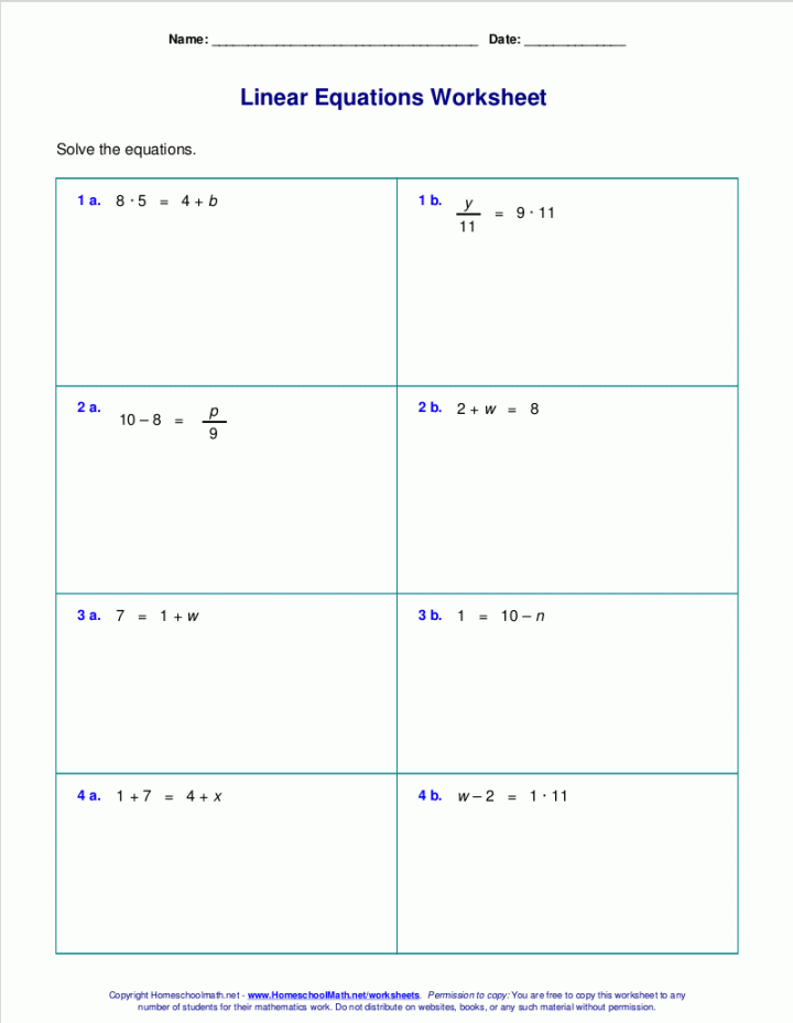 Free worksheets for linear equations (grades -, pre-algebra