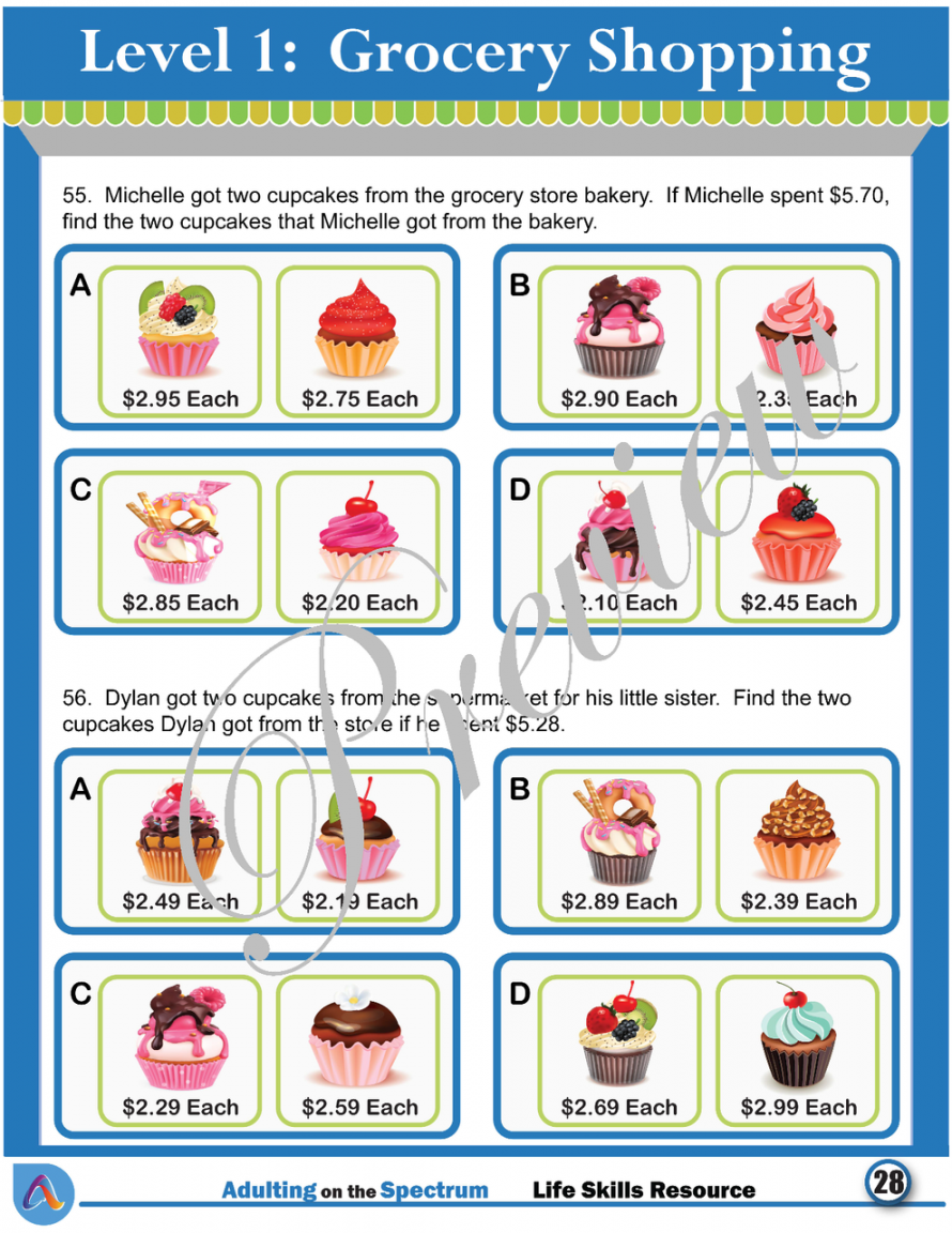 Functional Money Math Life Skills Worksheets - Grocery Shopping Level