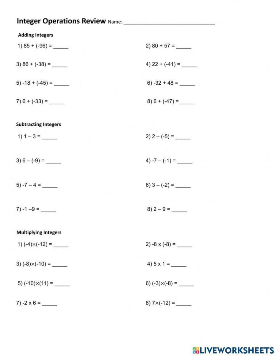Grade Seven Integers Worksheet worksheet  Live Worksheets