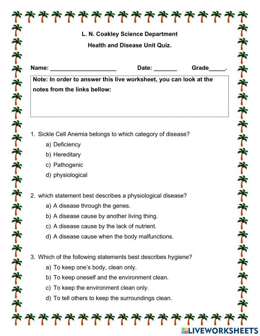 Health, Hygiene and Disease Unit Quiz worksheet  Live Worksheets