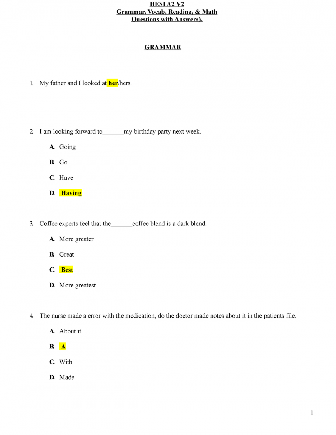 HESI A Version  Grammar Vocab Reading Math Study Guide