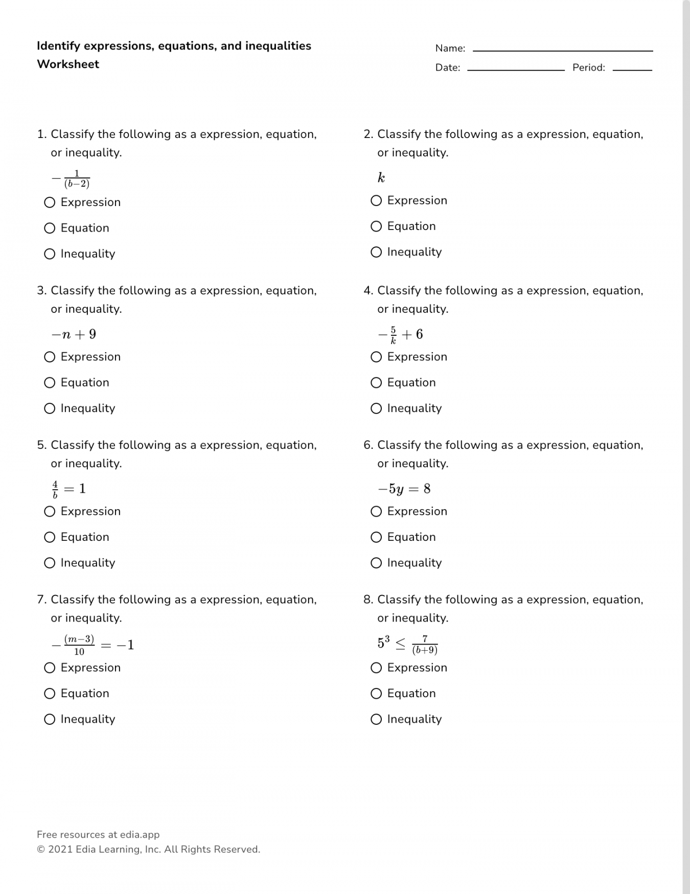 Identify Expressions, Equations, And Inequalities - Worksheet