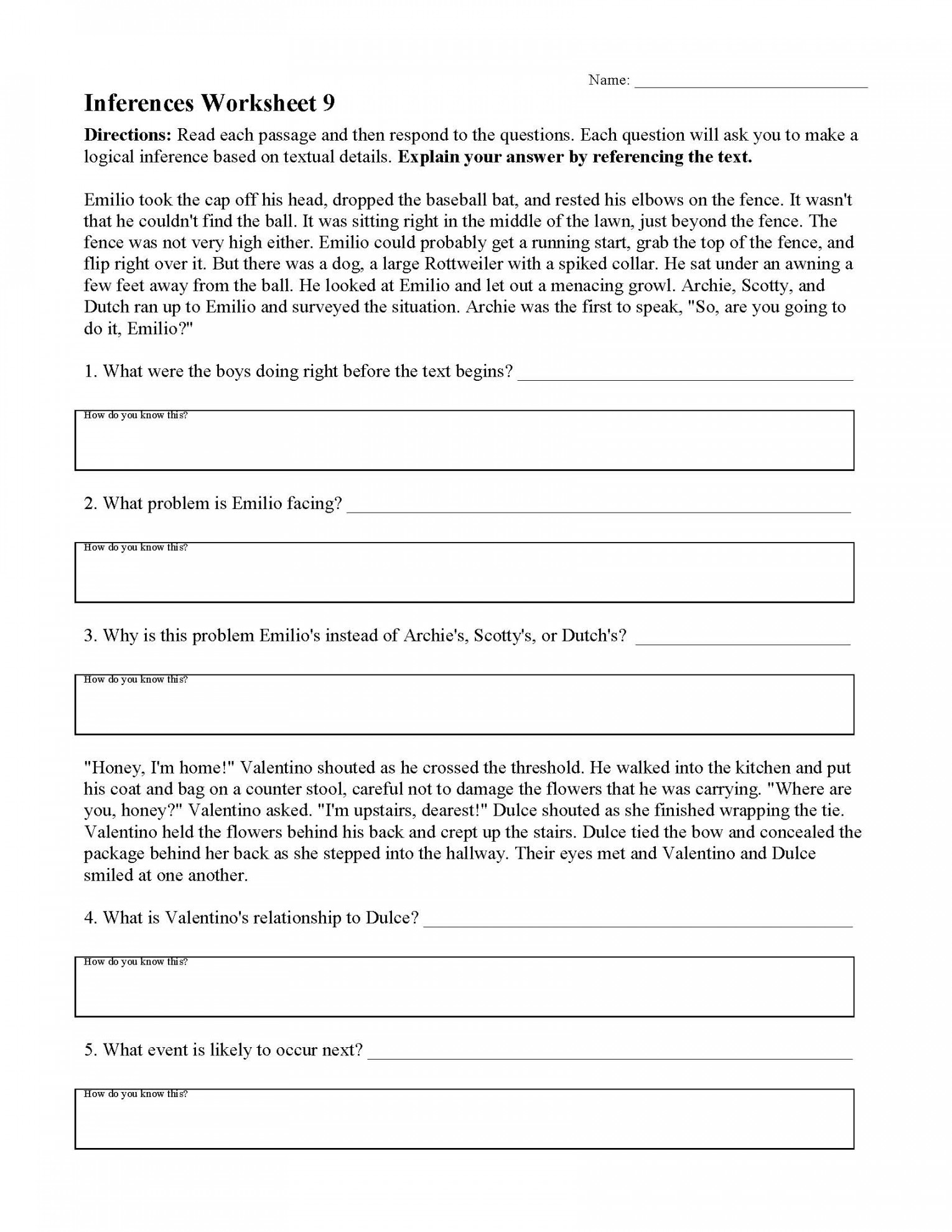 Inferences Worksheet   Reading Activity