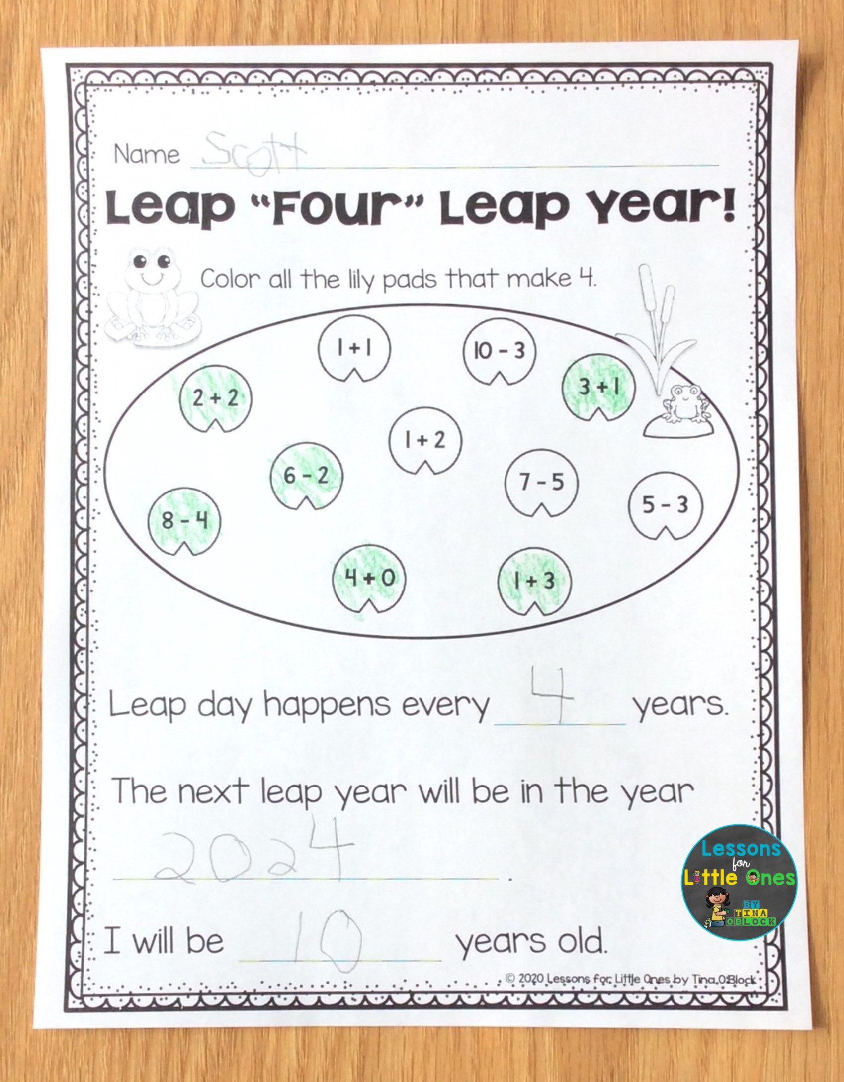 leap year math activity page - Lessons for Little Ones by Tina O