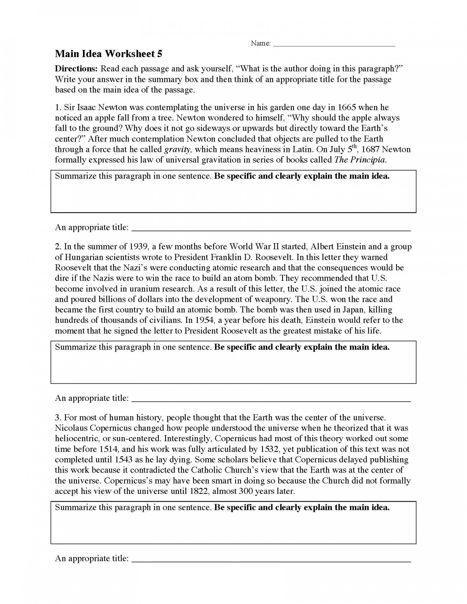 Main Idea Worksheet   Reading Activity