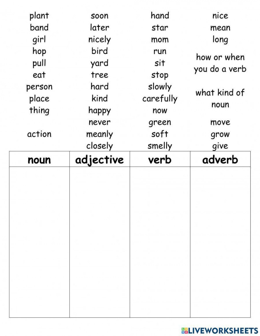 Match Nouns, Verbs, Adverbs, and Adjectives worksheet  Live