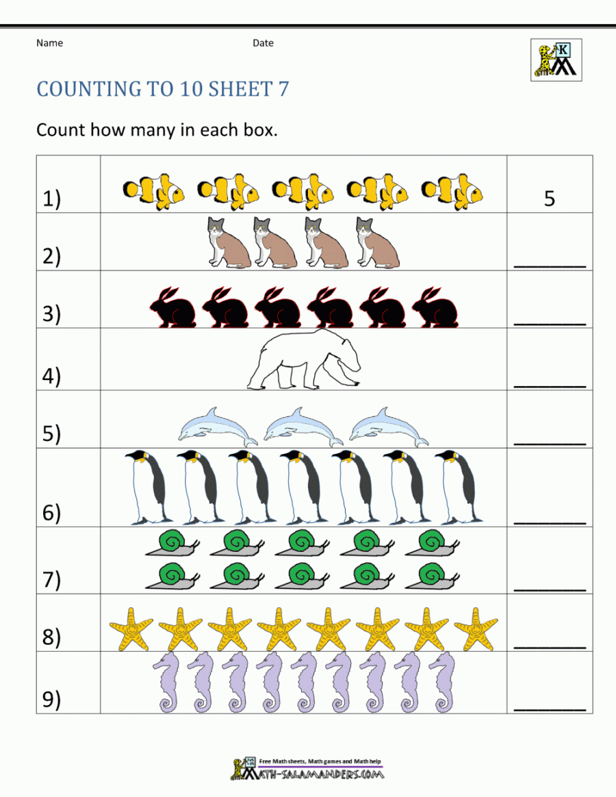 Math Salamanders Free Kindergarten Counting to  worksheets.