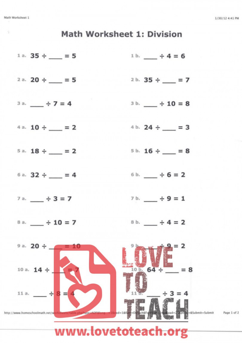 Math Worksheet  - Division (with Answer Key)  LoveToTeach