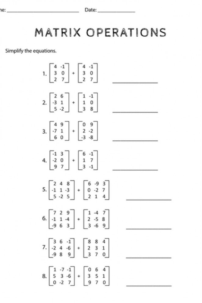 Matrix Addition and Subtraction Worksheets  Word problem