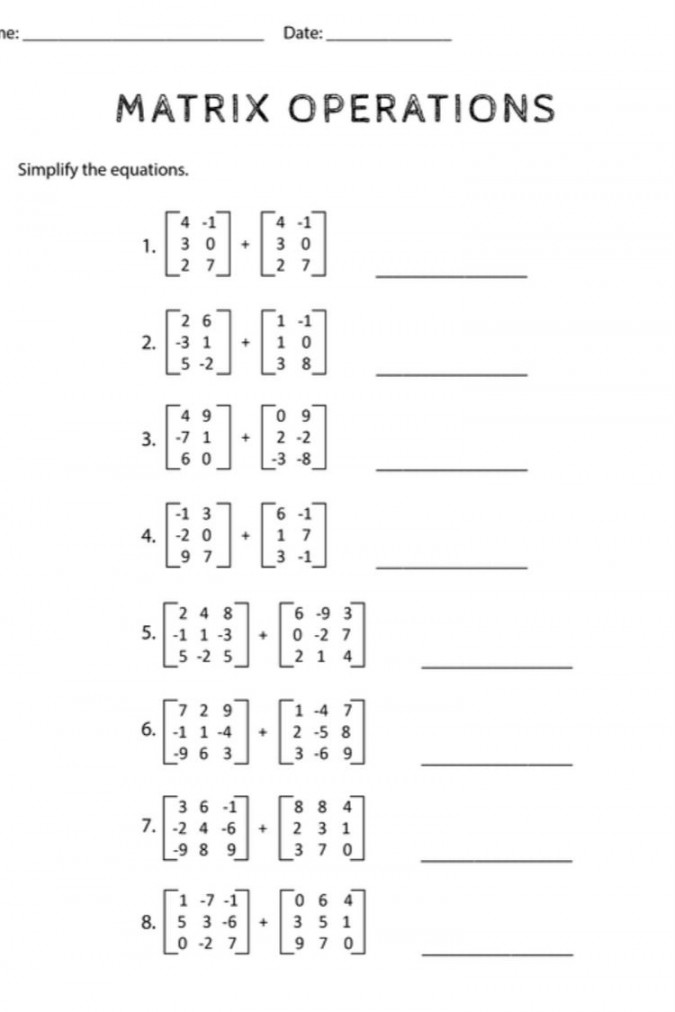 Matrix Addition and Subtraction Worksheets  Word problem