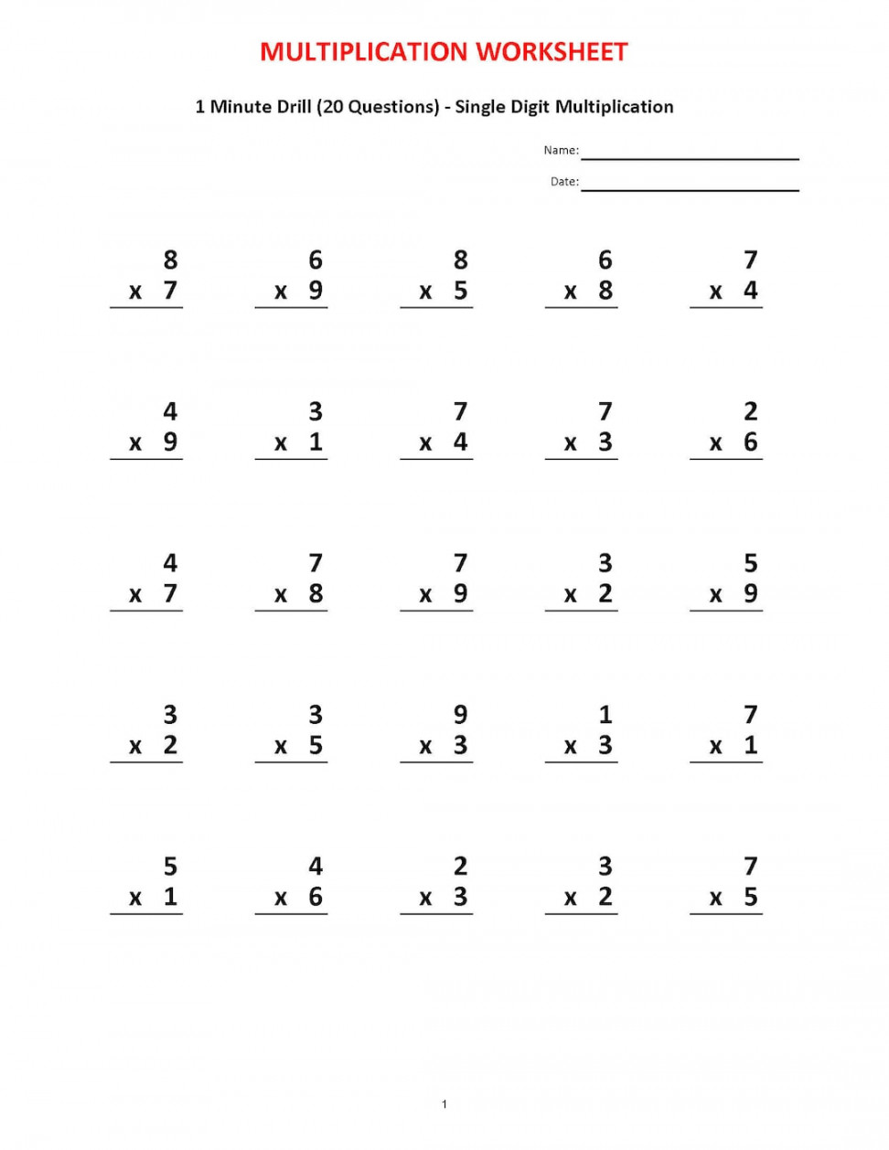 Multiplication  Minute Drill V 0 Math Worksheets With - Etsy