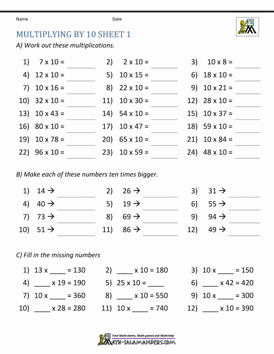 Multiplying by  and 0 Worksheets