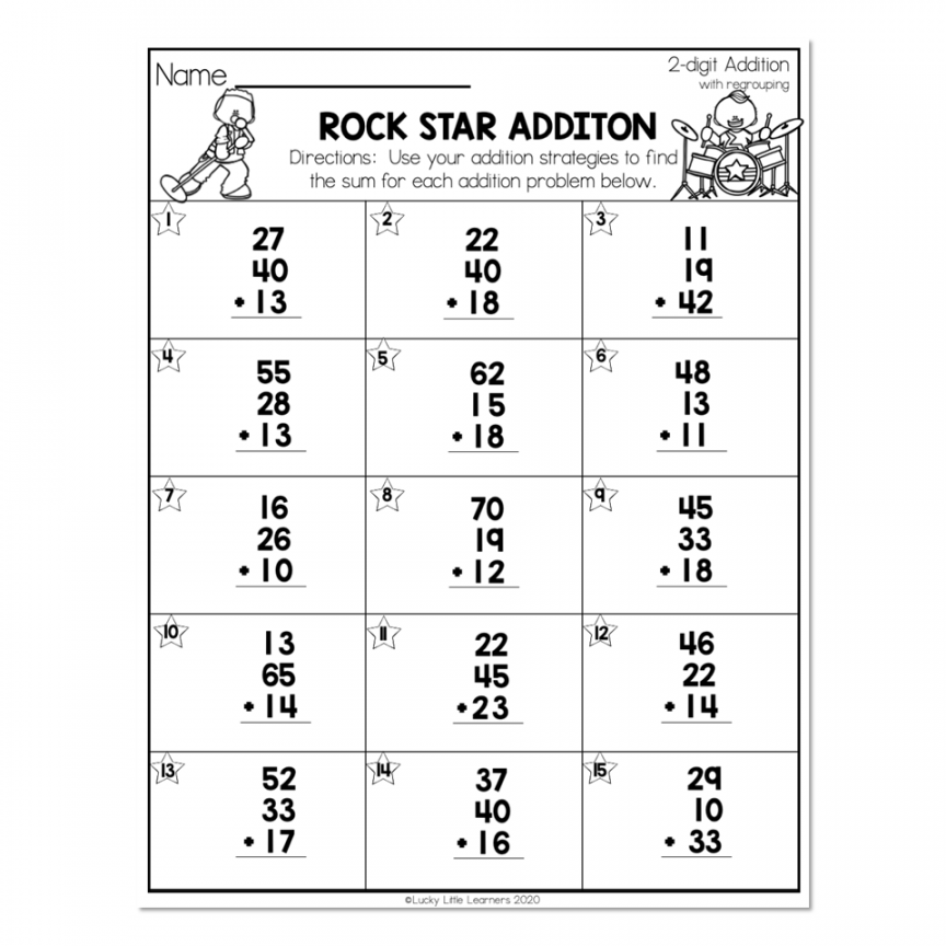 nd Grade Math Worksheets - -Digit Addition With Regrouping - Rock Star  Addition