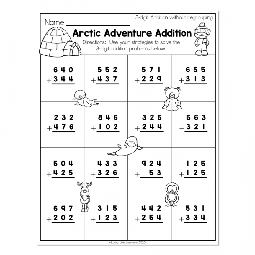 nd grade math worksheets digit addition without regrouping arctic adventure addition