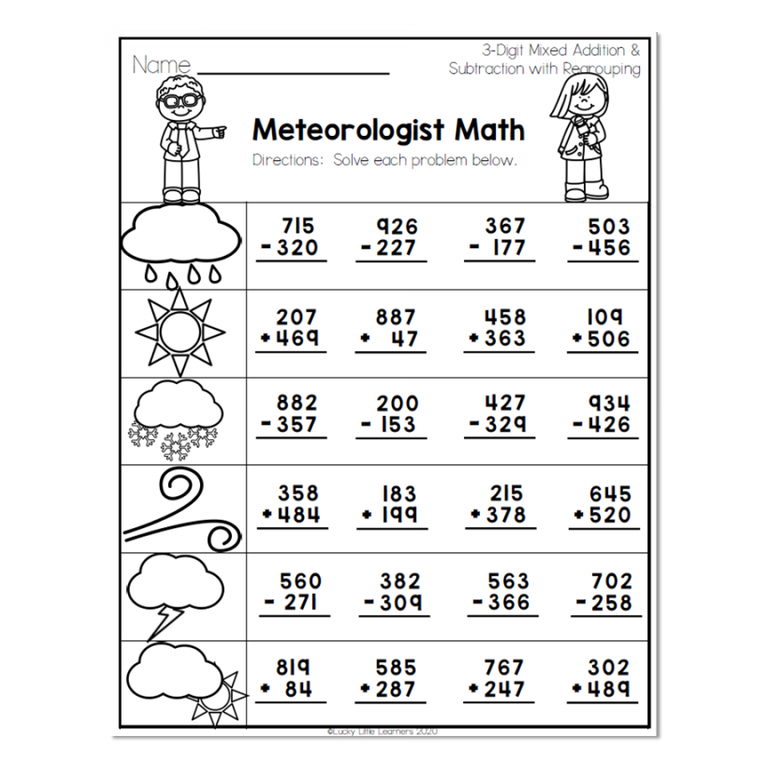 nd Grade Math Worksheets - -Digit Mixed Addition and Subtraction With  Regrouping - Meteorologist Math
