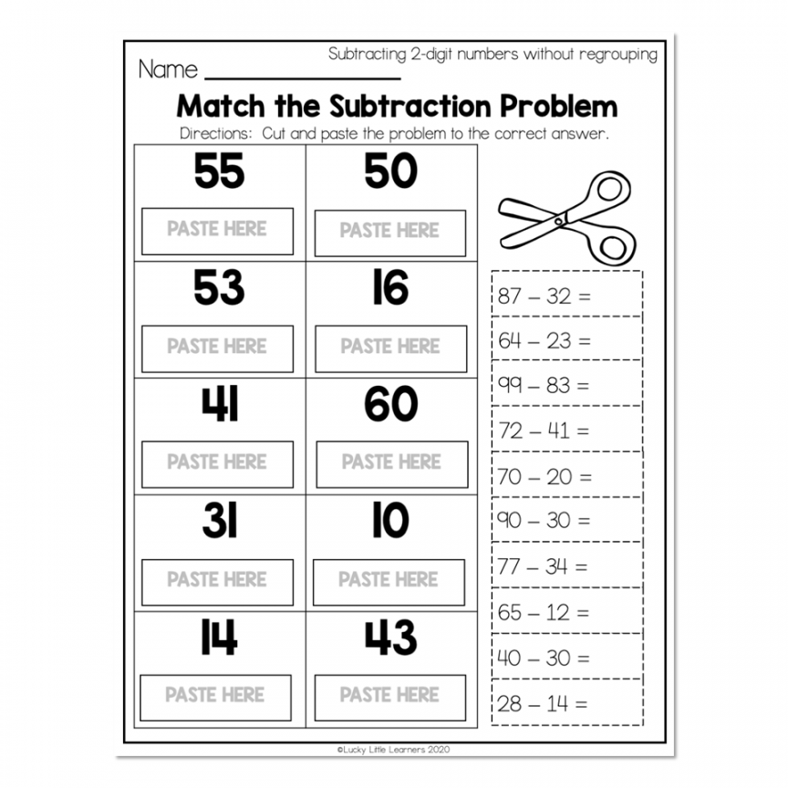 nd Grade Math Worksheets - -Digit Subtraction Without Regrouping - Match  the Subtraction Problem