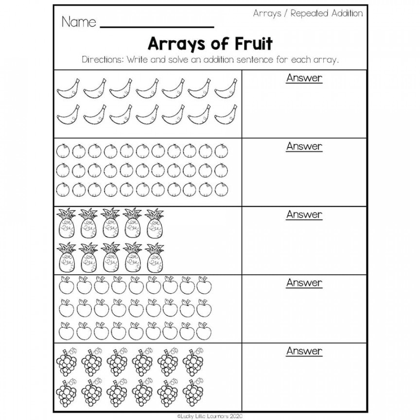 nd Grade Math Worksheets - Operations and Algebraic Thinking - Arrays and  Repeated Addition - Arrays of Fruit