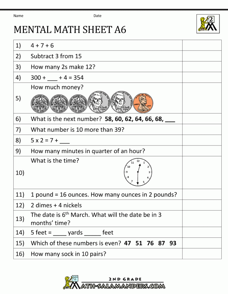 nd Grade Mental Math Worksheets