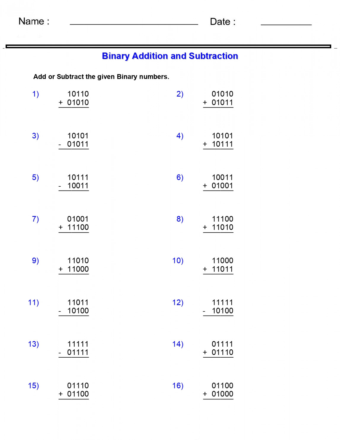 Number Systems Worksheets - Adding and Subtracting Binary Worksheets